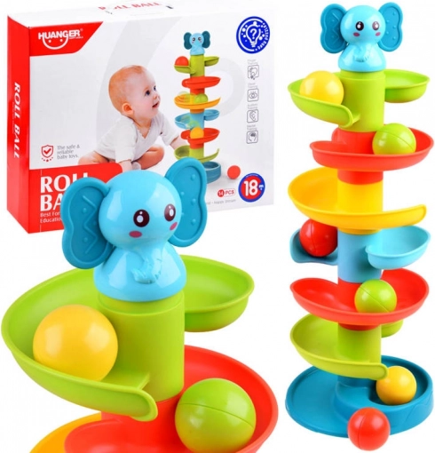 Bunte Kugelbahn mit kleinem Elefanten – Spiralpyramide für Kinder