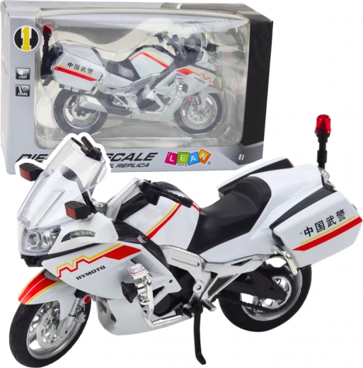 Metall-Motorrad 1:12 mit Licht und Sound – weiß mit rot‑gelben Elementen