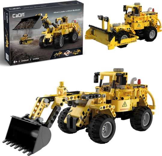 CaDA Bausatz gelbe Baufahrzeuge 2-in-1 Radlader und Bulldozer