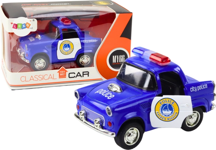 Klassisches blaues Polizeiauto mit Antrieb, Lichtern und Geräuschen 1:38
