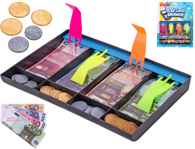Kinderkasse mit Euro-Spielgeld und Münzen