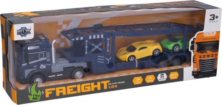 Metall-Sattelschlepper mit Autos, Schwungrad-Antrieb, 42 cm, mit Licht und Sound
