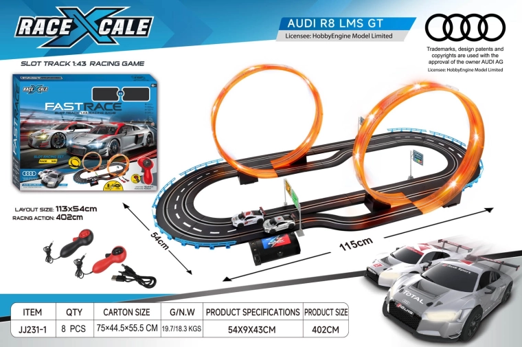 Rennbahn mit Fernsteuerung Audi R8 1:43, 115 × 54 cm