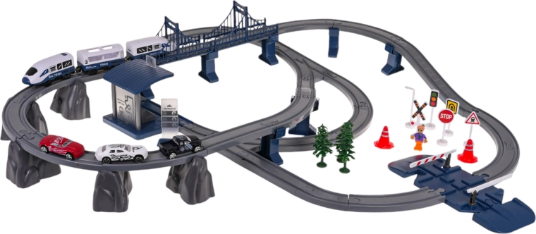 Elektrische Spielzeugeisenbahn mit Bahnhof und Zubehör, 103 Teile