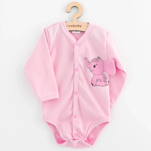 Baby-Body mit durchgehendem Druckknopfverschluss, langer Ärmel, New Baby Happy Elephant, rosa, Größe 68 (4–6 Monate)