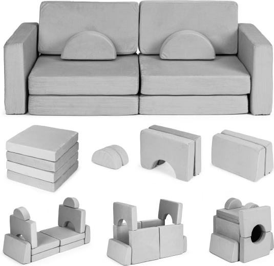 Großes zweisitziges modulares DIY-Kindersofa zum Falten mit 10 weichen Kissen – grau ECOTOYS