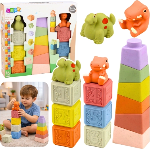 Weiche sensomotorische Gummiwürfel und Pyramide mit Dinosauriern, 14 Stk.