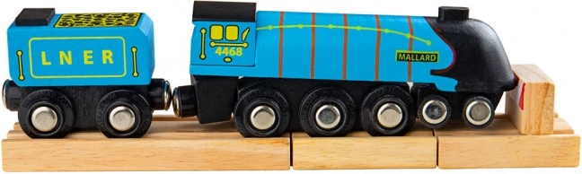 Holzreplik der Lokomotive Mallard mit Schienen