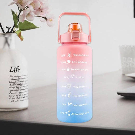 Motivations-Wasserflasche 2 l mit Trinkhalm und Griff mit Zeitmarkierungen