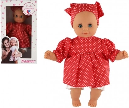Babypuppe 30 cm in roten gepunkteten Kleidchen mit Tuch