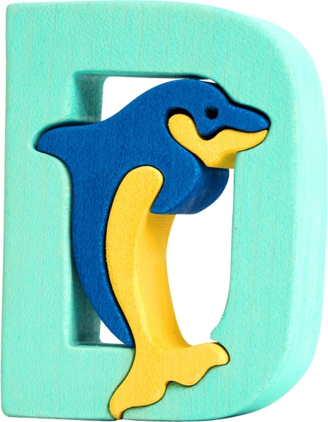 Holzbuchstabe D mit Delfin – Lernpuzzle
