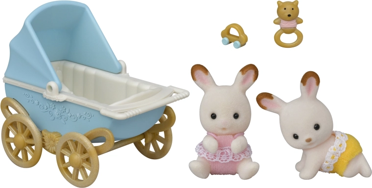 Schokoladenhasen-Zwillinge mit Kinderwagen