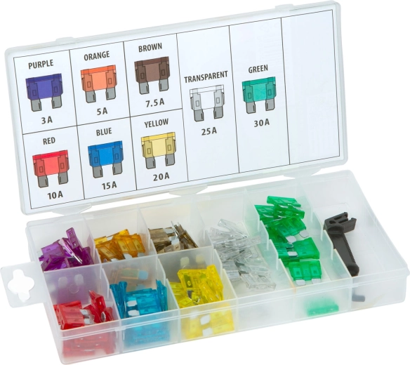 Set mit 97 Kfz-Flachsicherungen und Sicherungszieher in einer Box, 3–30 A