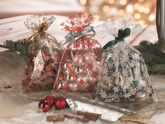 Zellophanbeutel 16 × 25 cm transparent mit Schneeflockenmotiv