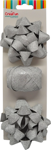 Glitzerndes Silber-Geschenkverpackungsset (Band 10 m + 2 Stern-Schleifen 9 cm)