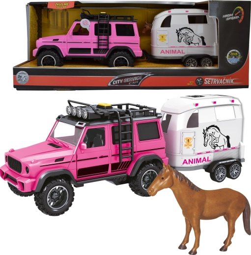Rosa Geländewagen mit Anhänger und Pferd 1:14 mit Licht und Sound