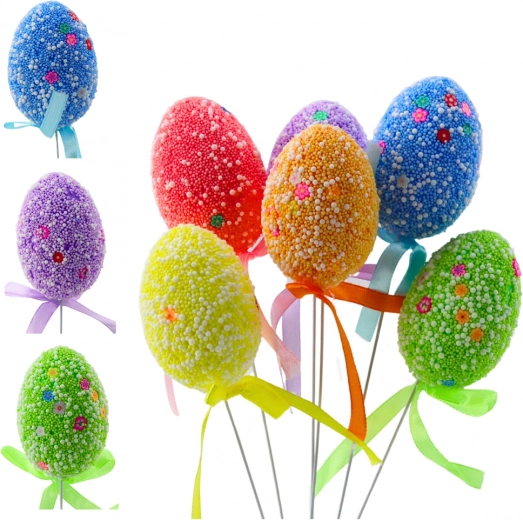 Bunte Ostereier am Draht mit weißen Mustern und Schleife 6 Stk