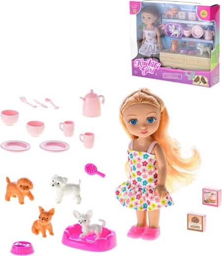 Spielset mit Puppe 16 cm, Hündchen und Geschirr – 1 Stück