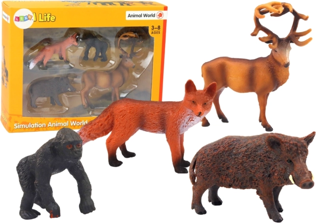Set von Waldtierfiguren Hirsch, Wildschwein, Fuchs, Gorilla