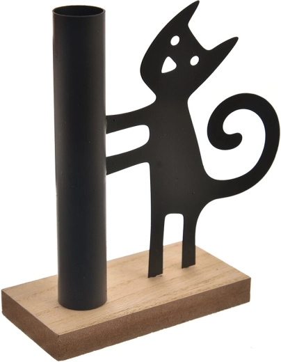 Kerzenhalter aus Holz und Metall mit Katzenmotiv