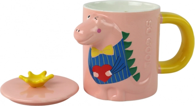 Keramikbecher mit Deckel und Löffel, Dinosauriermotiv, rosa, 400 ml
