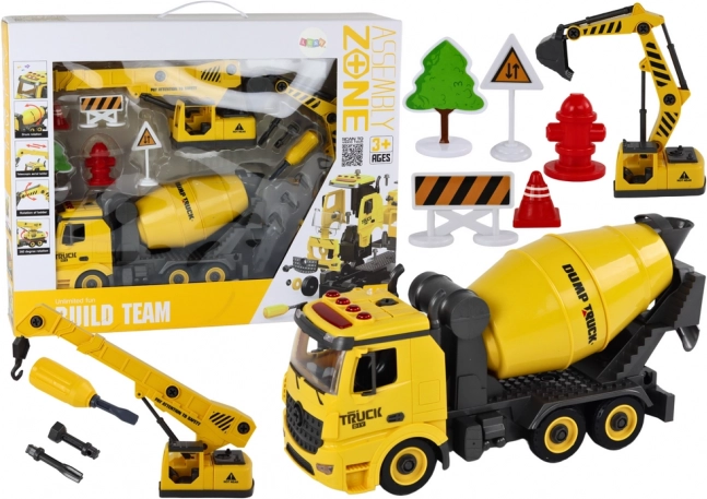 Baufahrzeuge 1:12 DIY mit Licht und Sound – Betonmischer, Kran und Bagger