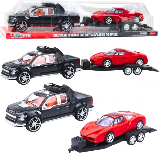 Set schwarzer Geländewagen mit abnehmbarem Anhänger und rotem Sportwagen 59 cm