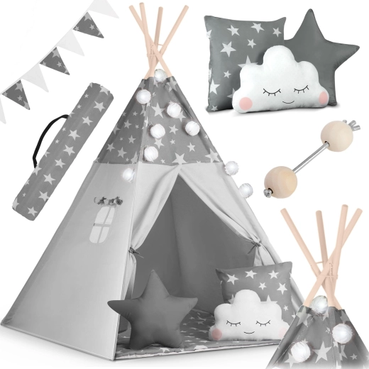 Kinder-Tipi NUKIDO mit Lichtern und Girlande – grau mit Sternchen