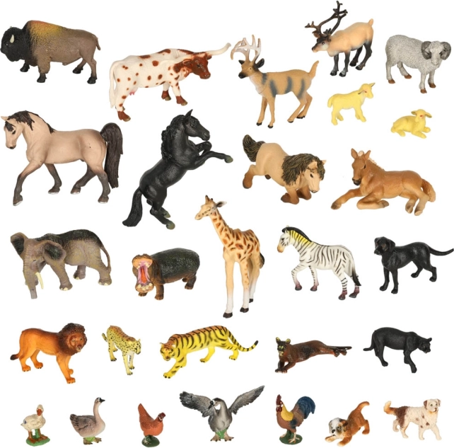 Set mit Tierfiguren – Zoo, Safari und Bauernhof, 28 Stück mit Aufbewahrungsbox