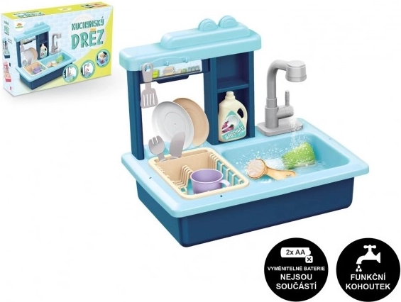 Blaues Kindergeschirrspülbecken mit batteriebetriebenem Wasserhahn