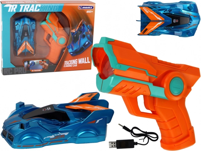 Blaues Auto klettert an der Wand mit Laser