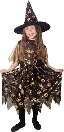 Kinderkostüm Hexe schwarz-gold mit Hut (Größe S)
