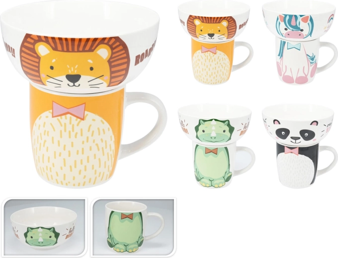 Kinderset aus Porzellan – Tasse und Schüssel, Mix aus Tiermotiven