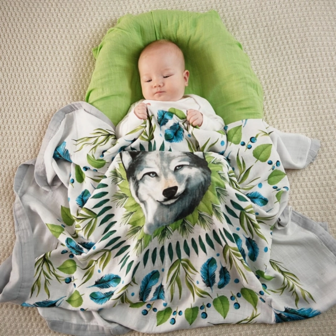 Bambus-Musselin-Decke Tommy Lise mit Wolfmotiv 106x106 cm