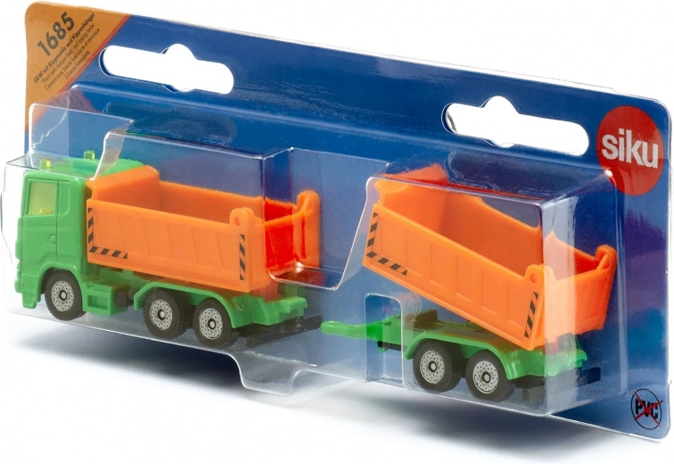 Siku orangener Lastwagen mit kippbarer Ladefläche und Anhänger