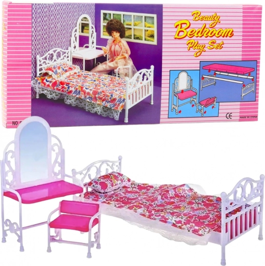 Puppenmöbel-Set mit Bett, Schminktisch und Stuhl mit Blumendekor