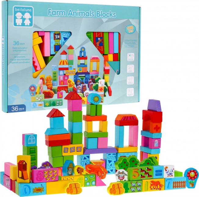 Holz-Bausteine Gospodarstwo, 100 Teile, für Kinder 3+