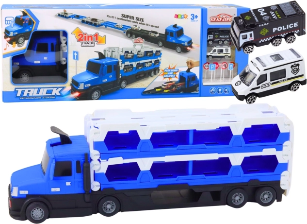 Lkw mit ausziehbarer Rennstrecke 2-in-1, Lichter und Geräusche, Polizeiautos, blau