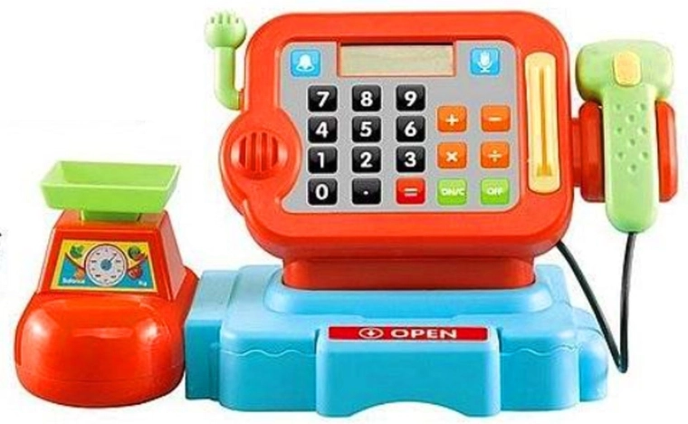 Kinderkasse mit Scanner, Mikrofon, Taschenrechner und Waage – 1 Stück