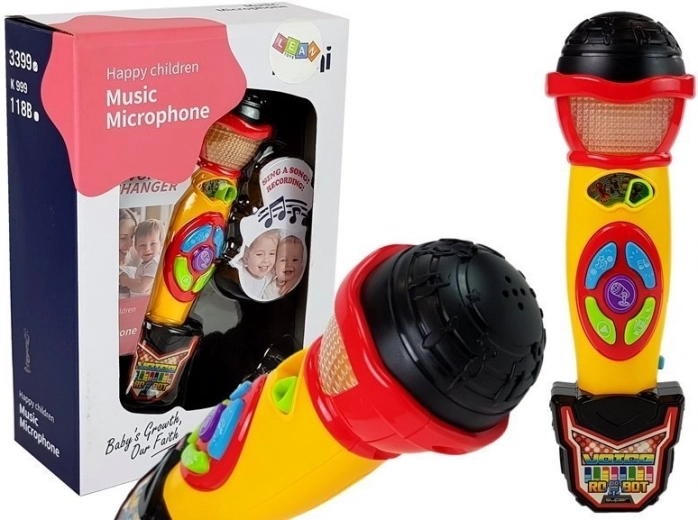 Kinder-Karaoke-Mikrofon gelb–schwarz mit Aufnahme und Lichteffekten