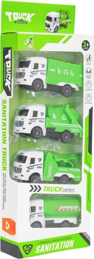 Set städtischer Servicefahrzeuge – Müllwagen, Kipper, Abschleppwagen und Tankwagen