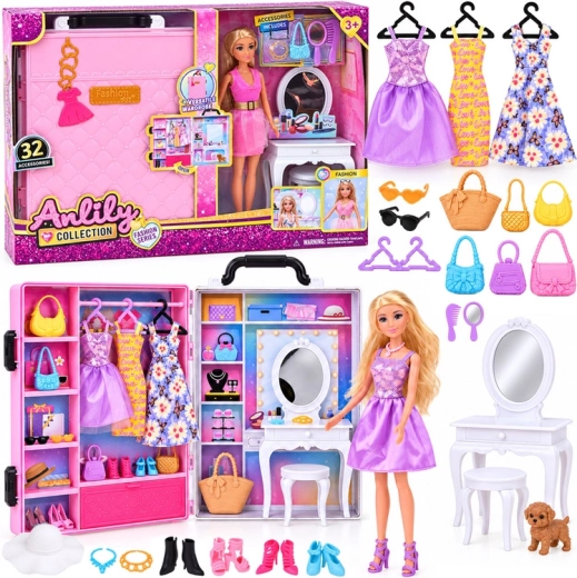 Anlily Modepuppe 30 cm mit tragbarer Ankleide und Schminktisch