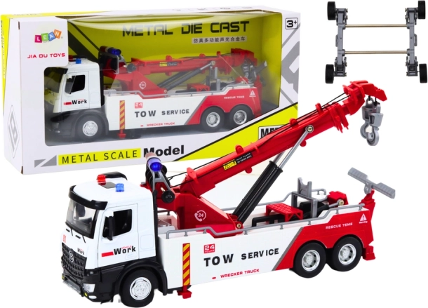 Metall-Abschleppwagen mit Kran, zwei Haken, Licht und Sound, weiß‑rot