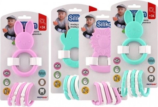 Silikon-Beißspielzeug mit Tiermotiv und Kunststoffringen 7–8 cm, Farb-Mix, ab 3 Monaten