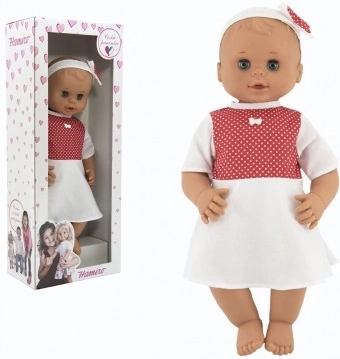 Puppe Hamiro mit zwinkernden Augen 50 cm mit festem Körper und weißem Kleid mit roten Punkten