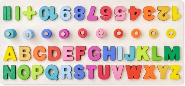 Holz-Bildungsbrett mit Buchstaben und Zahlen + mathematische Symbole