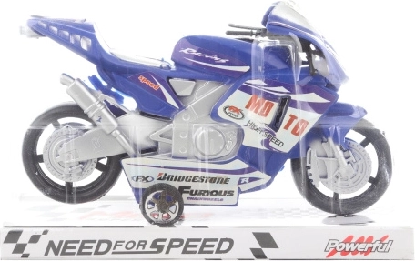 Blaues Plastik-Motorrad mit Schwungrad
