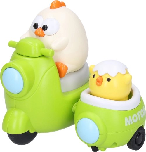 Aufzieh-Spielzeug Henne und Küken auf dem Motorrad 9,5 cm – 1 Stück