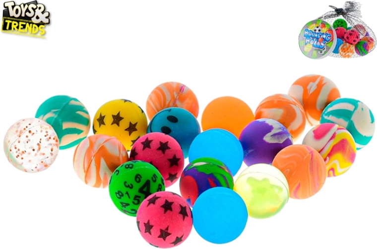 Set aus 20 bunten Flummis, 2,5 cm, im Netz