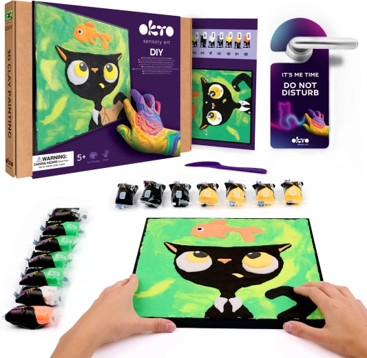 Okto Schwarze Katze mit Fisch – Kreativset: Modelliermasse-Malen nach Zahlen 29 × 29 cm